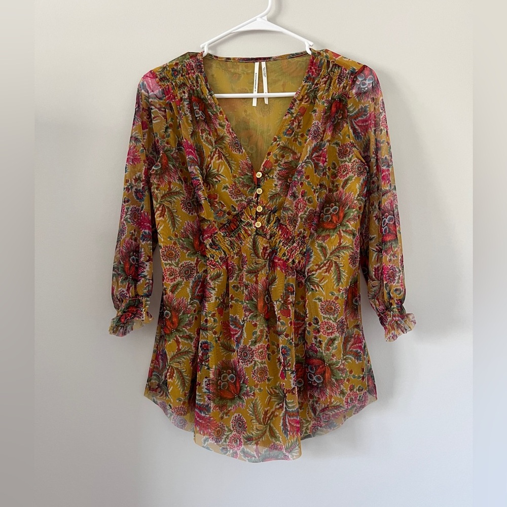 by Anthropologie Gretchen Floral Print Blouse Size XS Mesh Mustard Color